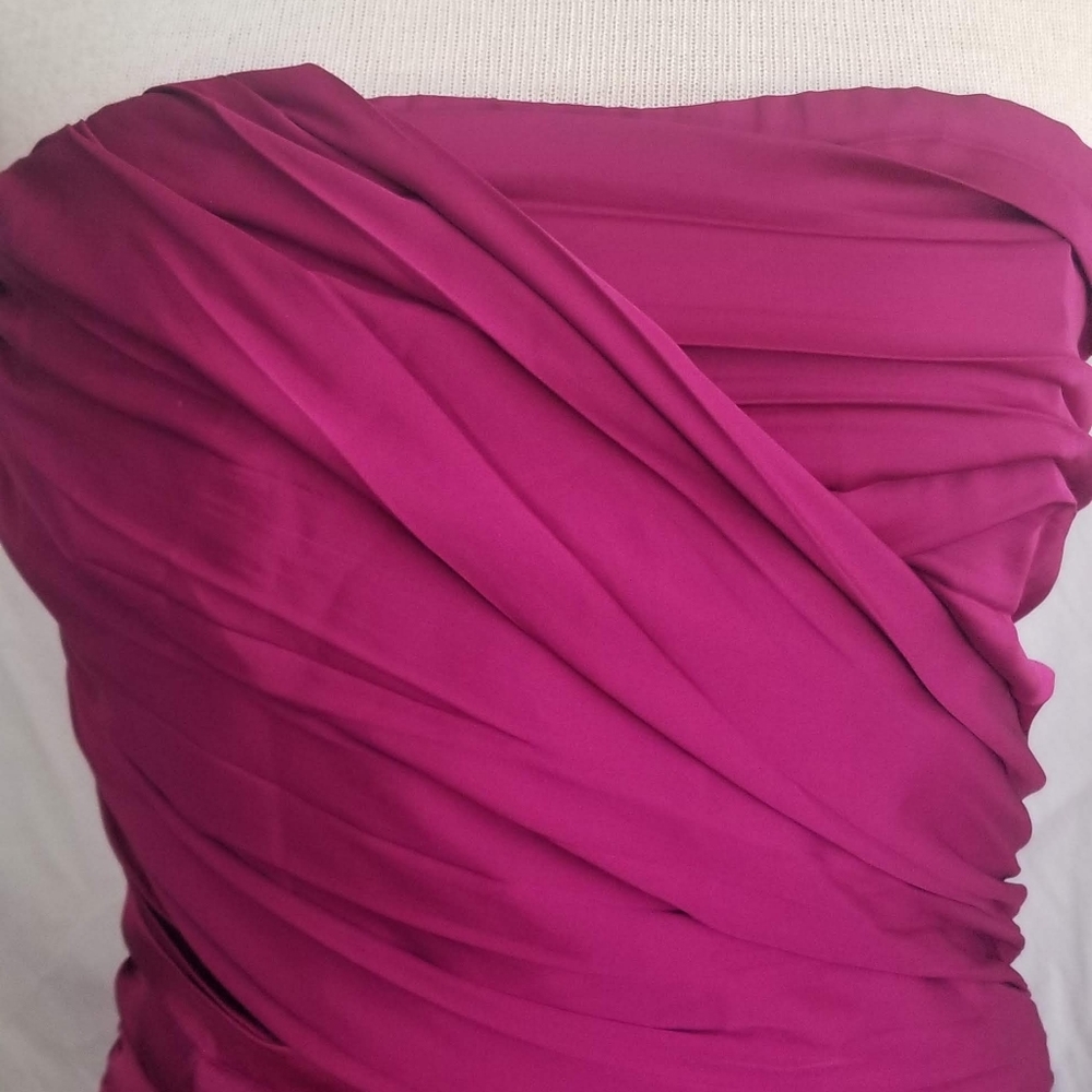 fuscia colored mini dress with rouching all around